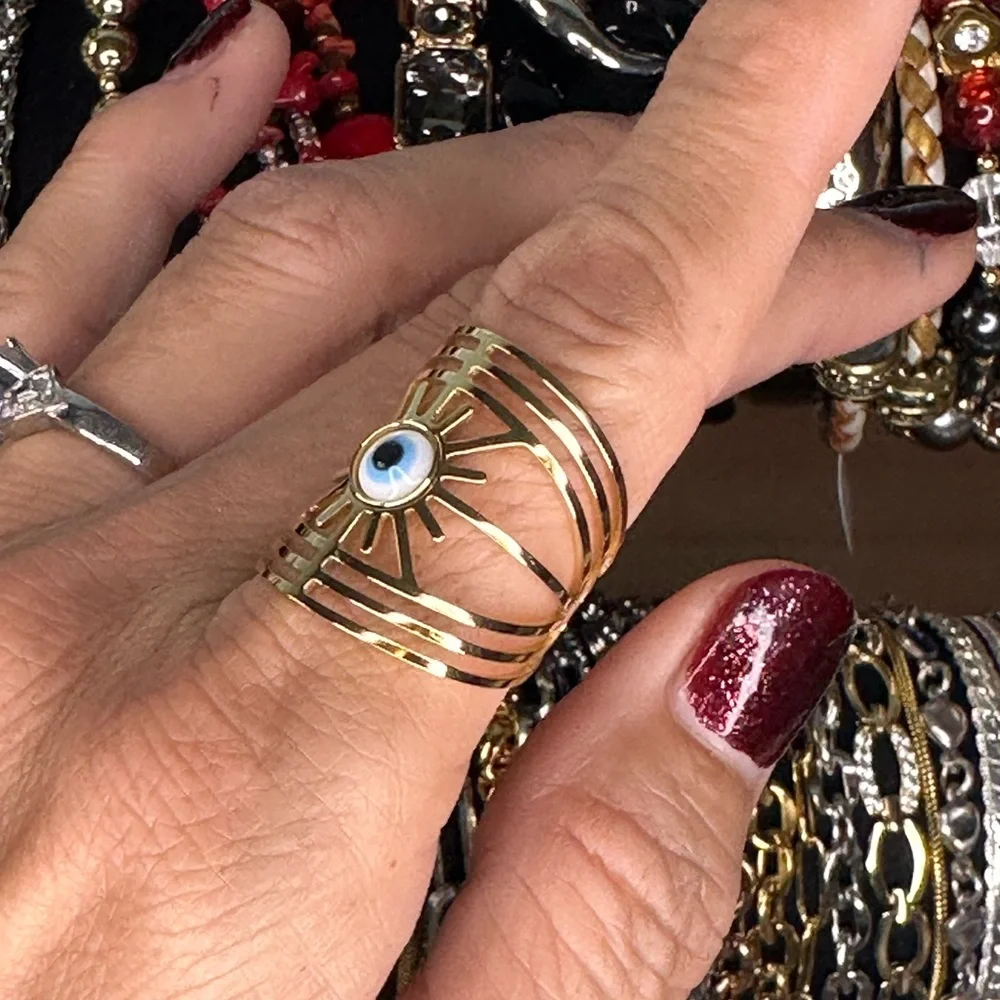 Gold Plated Stainless Steel Statement Evil Eye Ring Sunburst Design Adjustable